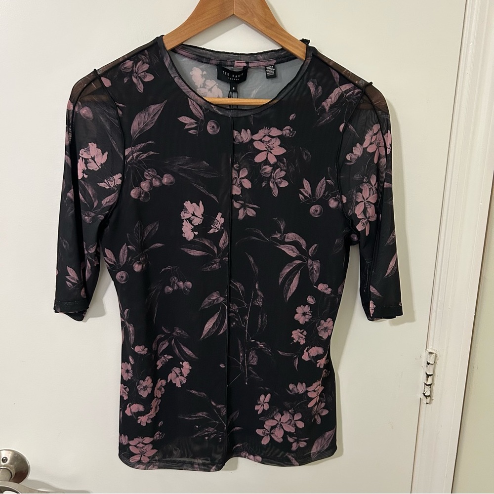 NWT Ted Baker Black and Pink Floral Mesh Sheer Long Sleeve Blouse